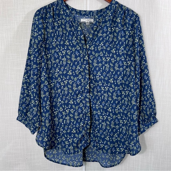 Jachs Girlfriend Floral Blue 3/4 Sleeve Flowy Boho Blouse Top Size M - Picture 1 of 12